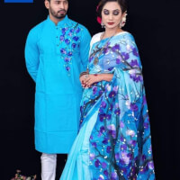New Design Half Silk Hand Print Saree And Dhupian Panjabi For Combo Couple for man and women
 color Blued4b58383e8884d46449b535564d74b65