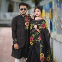 New Design Half Silk Hand Print Saree And Dhupian Panjabi For Combo Couple for man and women
 color Blackf318ec56fea717092013d282adc075de