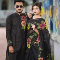 New Design Unique & Gorgeous Hand Printed Saree Panjabi, Couple Set for Women & Men color Blackf318ec56fea717092013d282adc075de