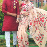 New style Hand Print Couple Matching Saree and Panjabi for Couple  color red05e8358883cefc43601c43793f4d81c6