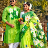 New Exclusive Designer Half Silk Hand Print Saree And Dhupian Panjabi For Combo Couple Men And Women - Panjabi color greenf8776c33645412b435b5b452e125f68f