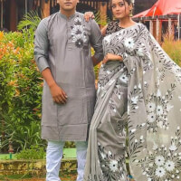 Refined Taste - Ready Made Hand Paint Half Silk Sharee and Half Silk Panjabi For Combo Couple Dress - Durabilty Assured - Iconic Style color greenf8776c33645412b435b5b452e125f68f