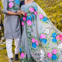 New style Hand Print Couple Matching Saree and Panjabi for Couple  color pinkf2c5e7afd60bcb06f8c338fcf496ceda
