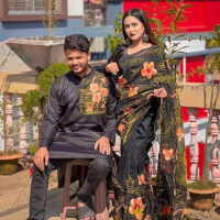 New style Hand Print Couple Matching Saree and Panjabi for Couple  color Blackf318ec56fea717092013d282adc075de