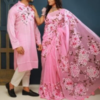New Design Half Silk Hand Print Saree And Dhupian Panjabi For Combo Couple for man and women
 color pinkf2c5e7afd60bcb06f8c338fcf496ceda