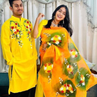 New Exclusive Designer Half Silk Hand Print Saree And Dhupian Panjabi For Combo Couple Men And Women - Panjabi color yellowdea097bd42fdd9d88ba006d117da5f29