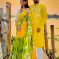 New Collection hand print Saree & Panjabi Combo Dress yellow color for man women
 color greenf8776c33645412b435b5b452e125f68f