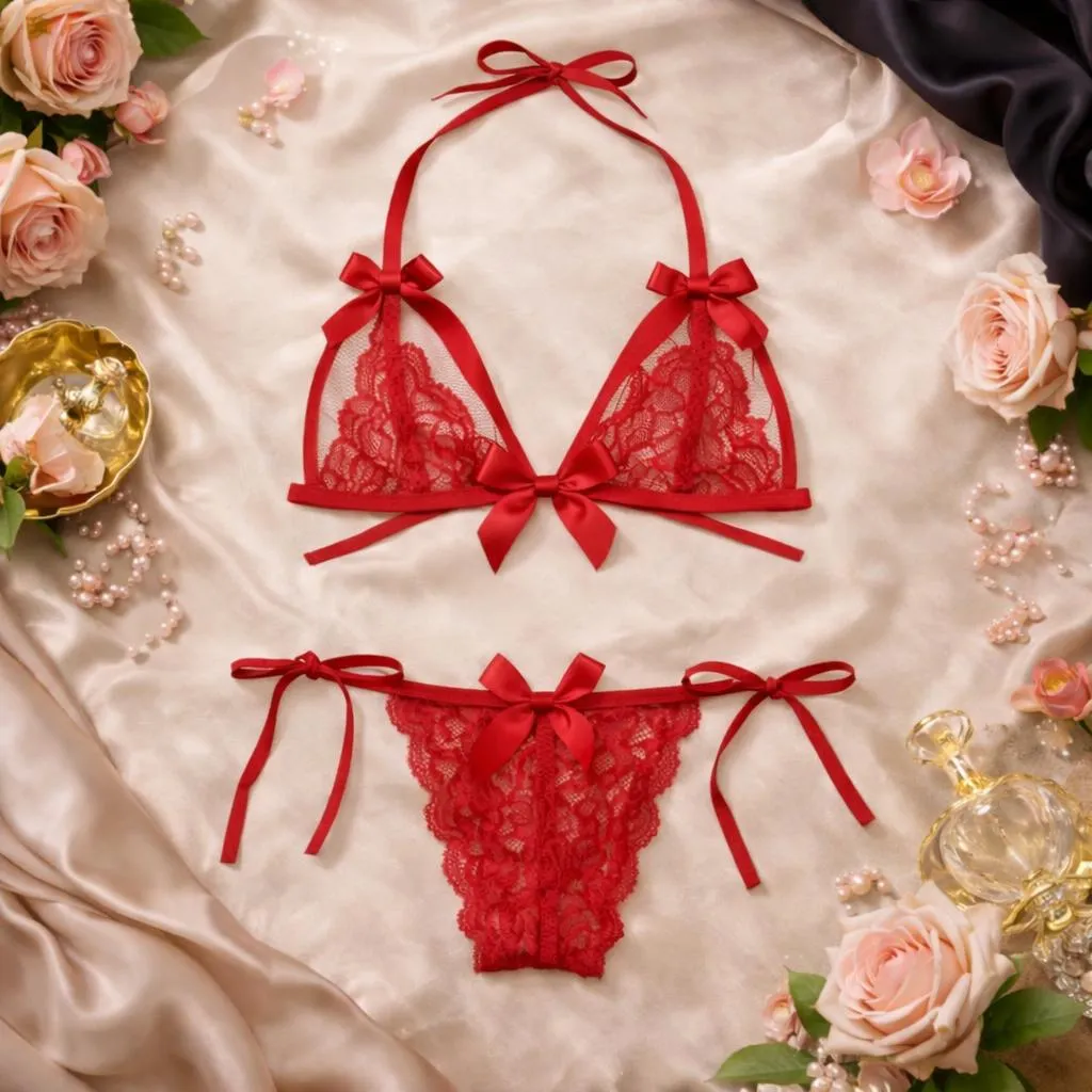 Lace-Up Red Transparent Bra Panty Set for Women & Girls'