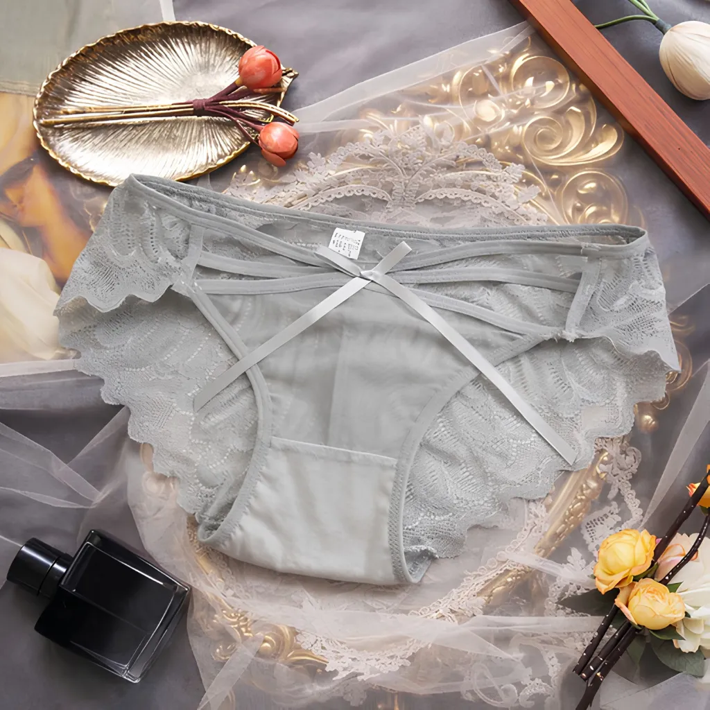 Luxury Nylon & Cotton Mixed Hollow Lace Gauze French Panty - Grey (China)