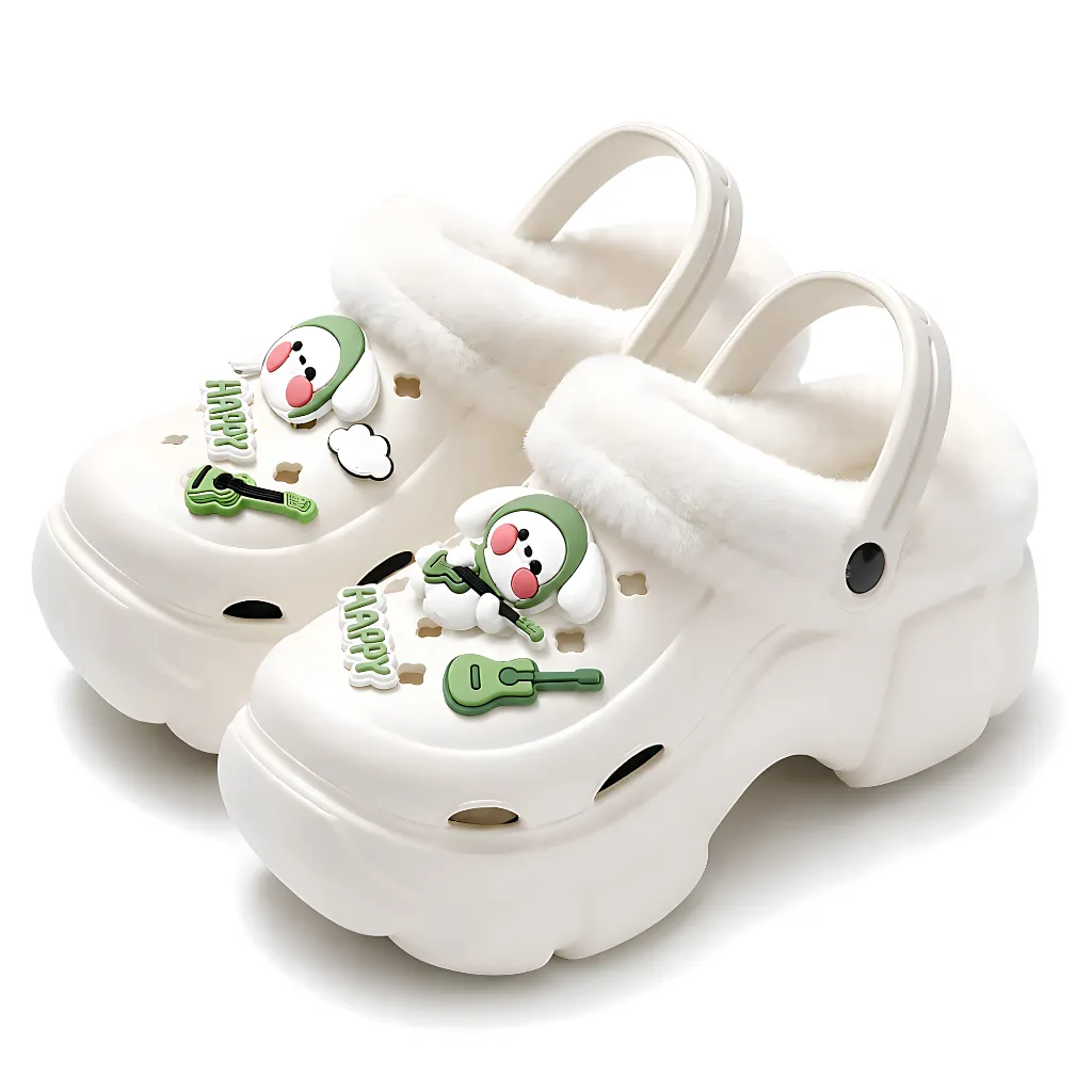 White Winter Fleece Lined Clogs for Women - Light Green