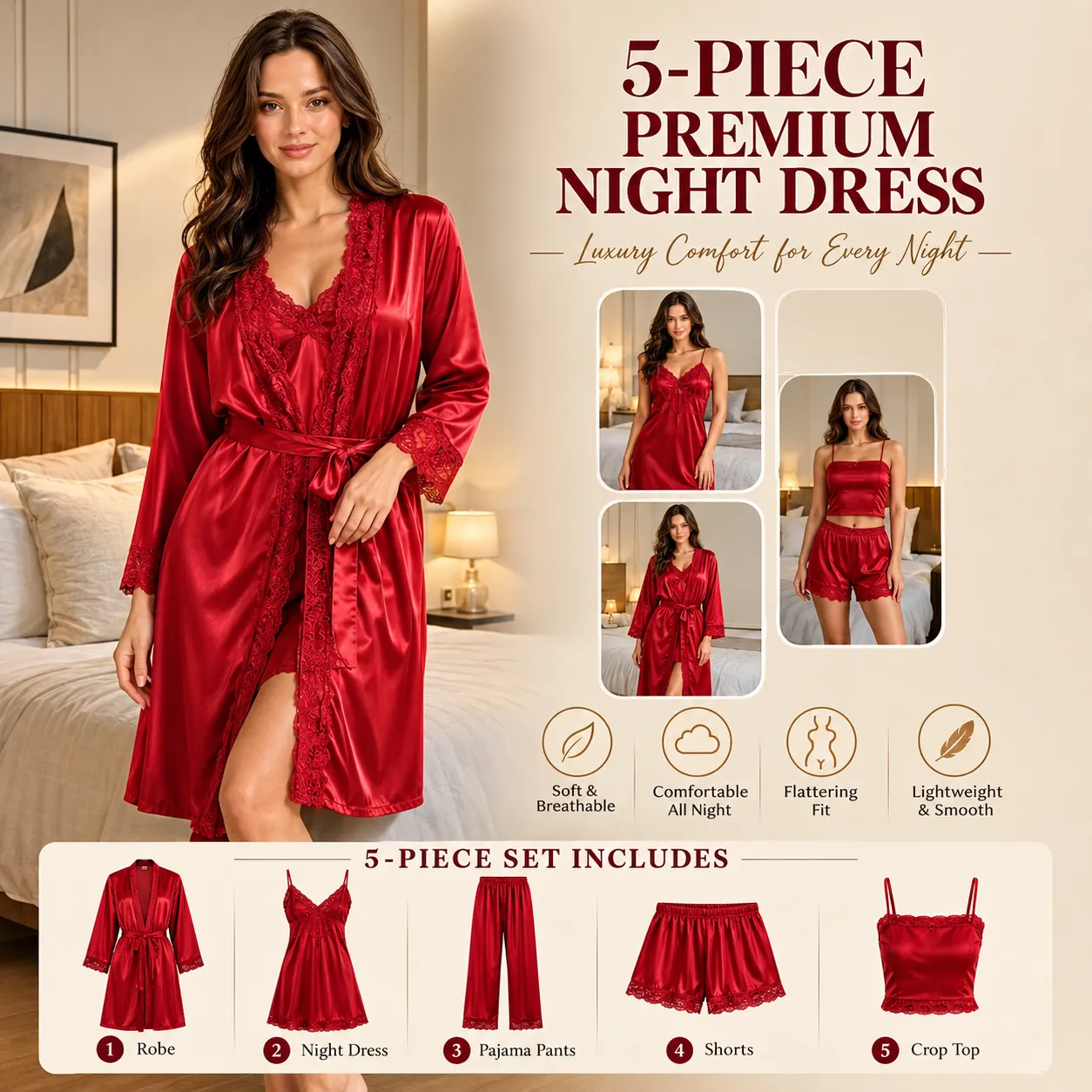 Red China Glazy 5-Piece Nighty Set