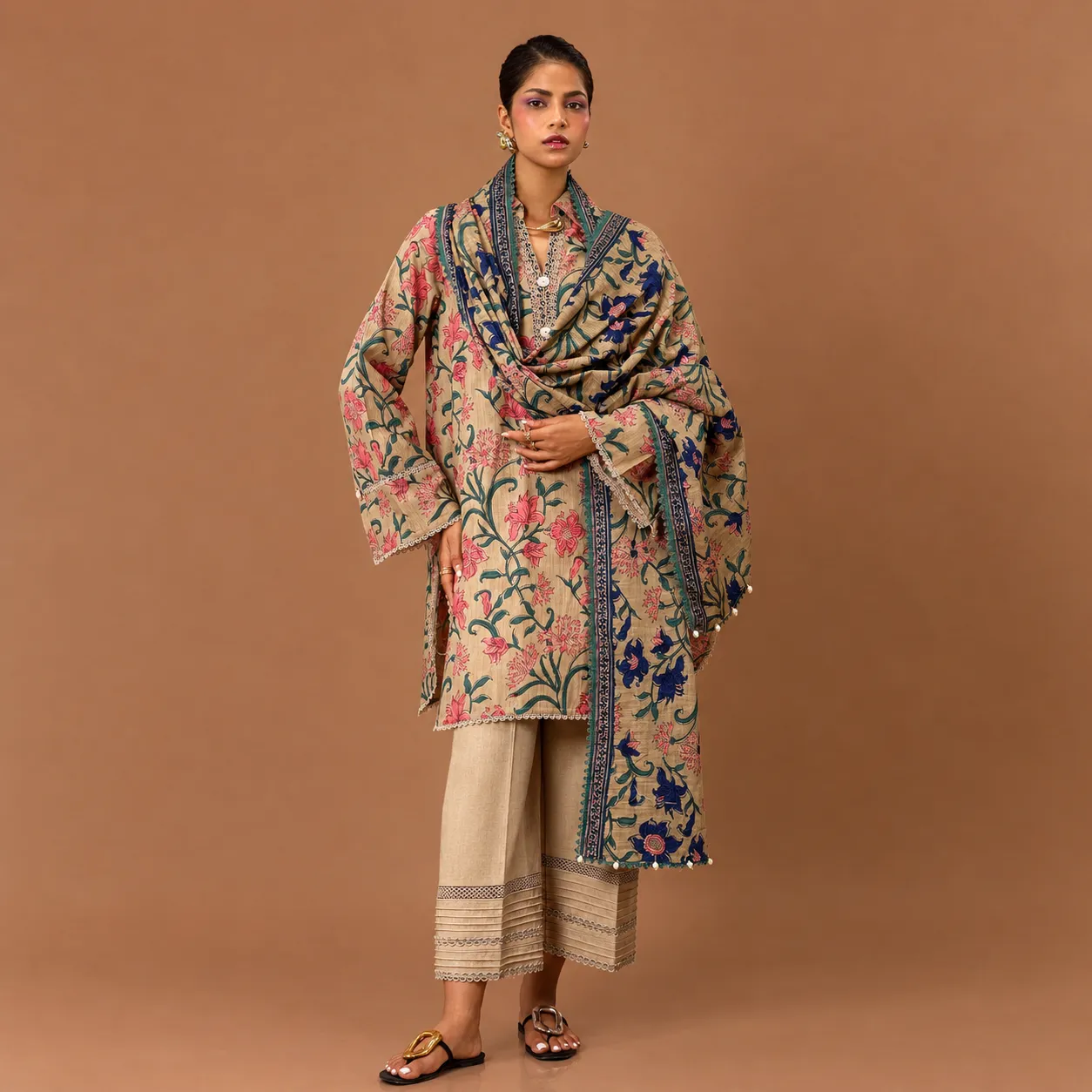 Sana Safinaz Mahay Unstitched Two Piece - Tan Brown