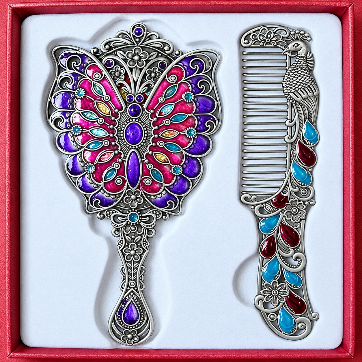 Women travel mirror with butterfly design and matching peacock comb presented in a red gift box for personal grooming or thoughtful gifting.