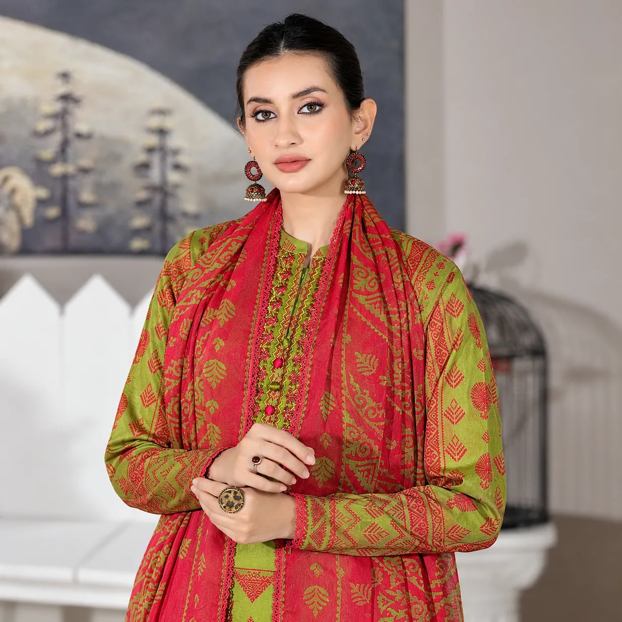 Pakistani Binaas Varda Digital Printed Unstitched Three Piece - Lime Green
