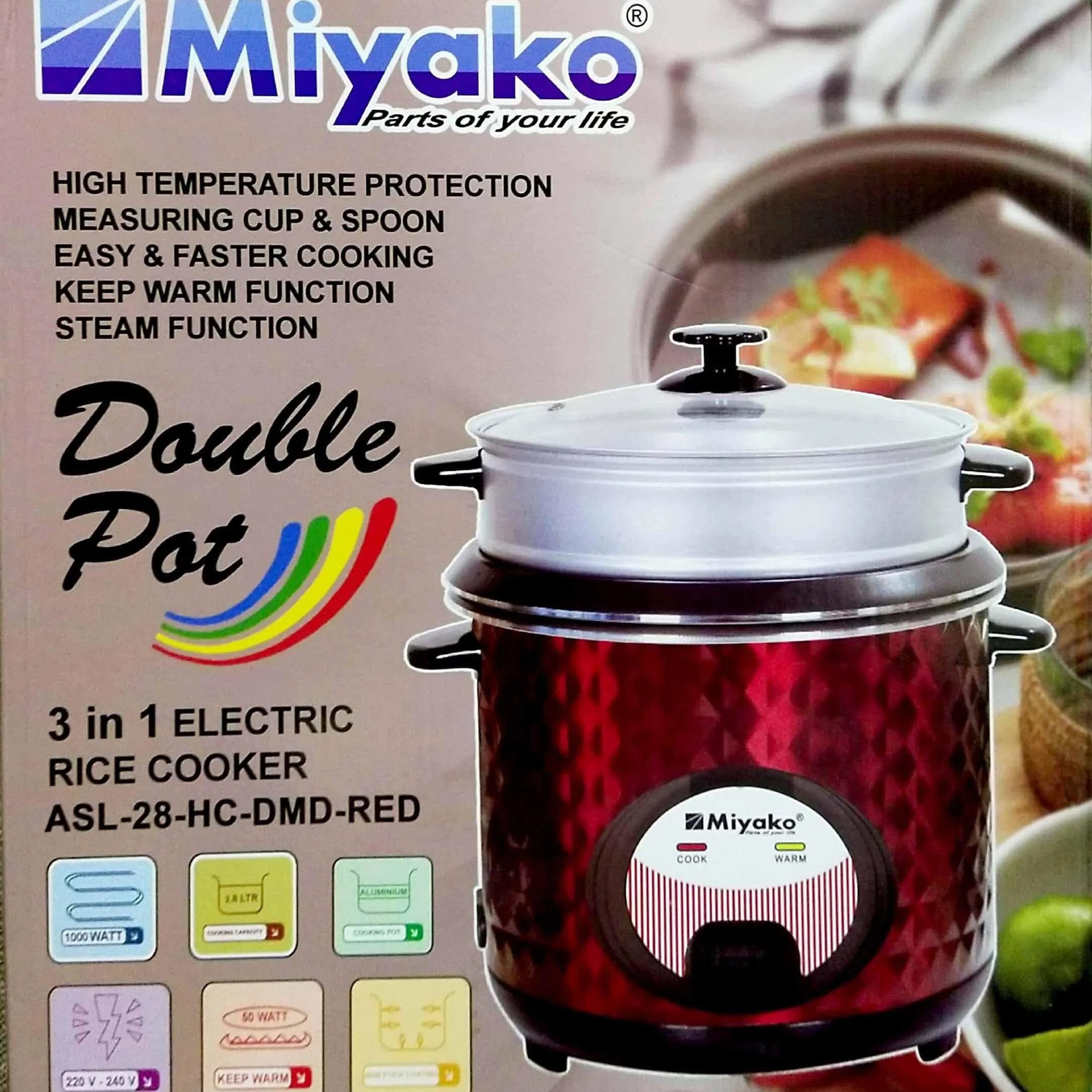 Miyako Non Stick Double Pot Automatic 3 IN 1 Rice Cooker with Glass Lid ASL 28 HC-2.8 Litte