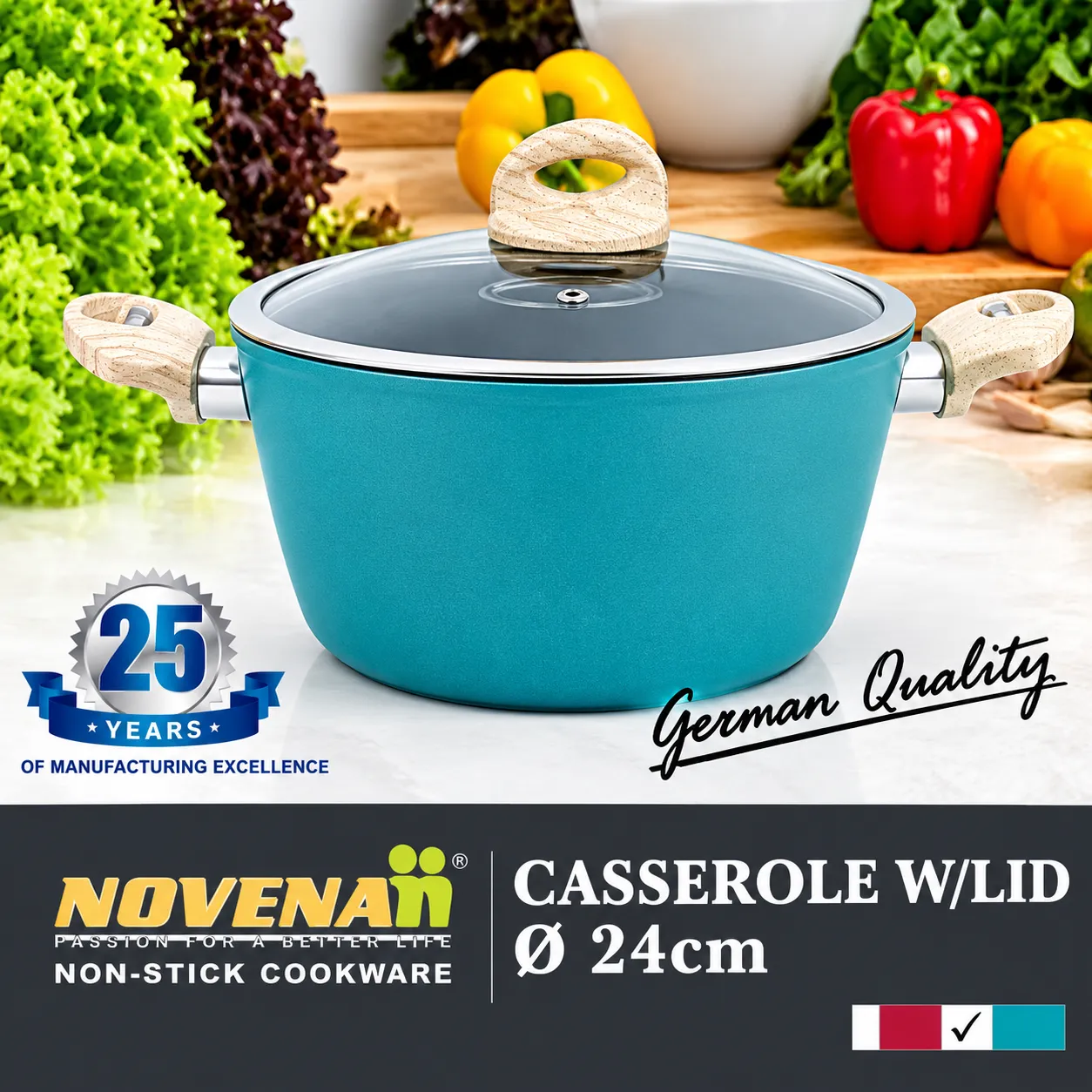 Novena Non-stick Marble Casserole with Glass Lid - 24cm