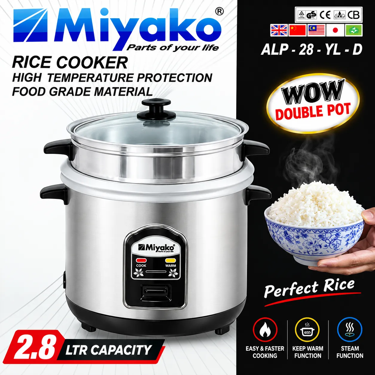 MIyako 2.8 Liter Automatic Rice Cooker - Double Pot with Glass Lid - ASL-28-YLD