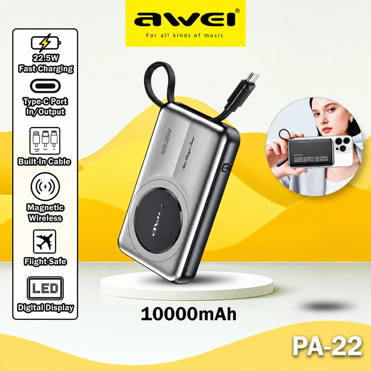 Awei PA22 10000mAh 22.5W Wireless Built-in Type Cable Power Bank