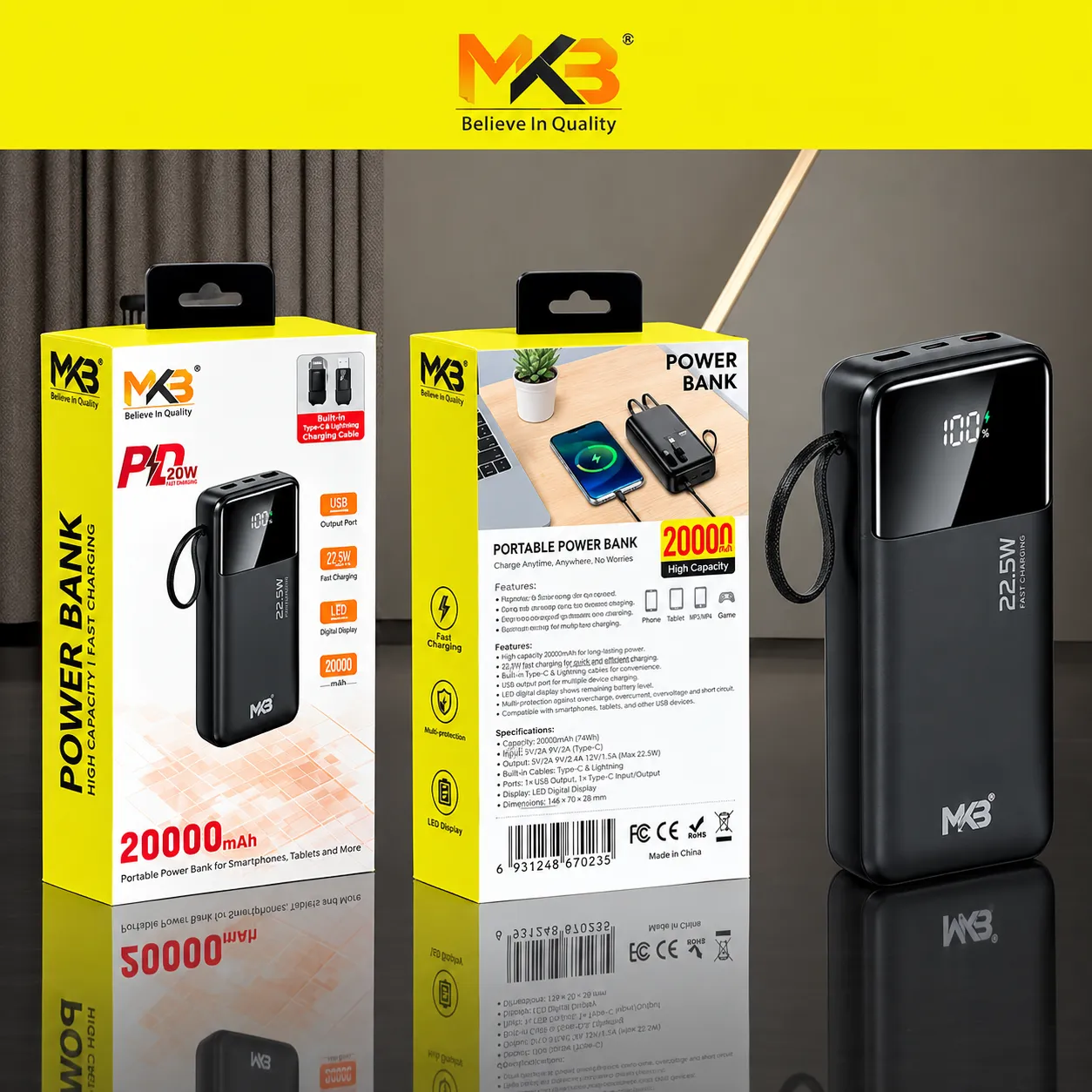 MKB PK52 PD 22.5W 20000mah Power Bank with extra Holder