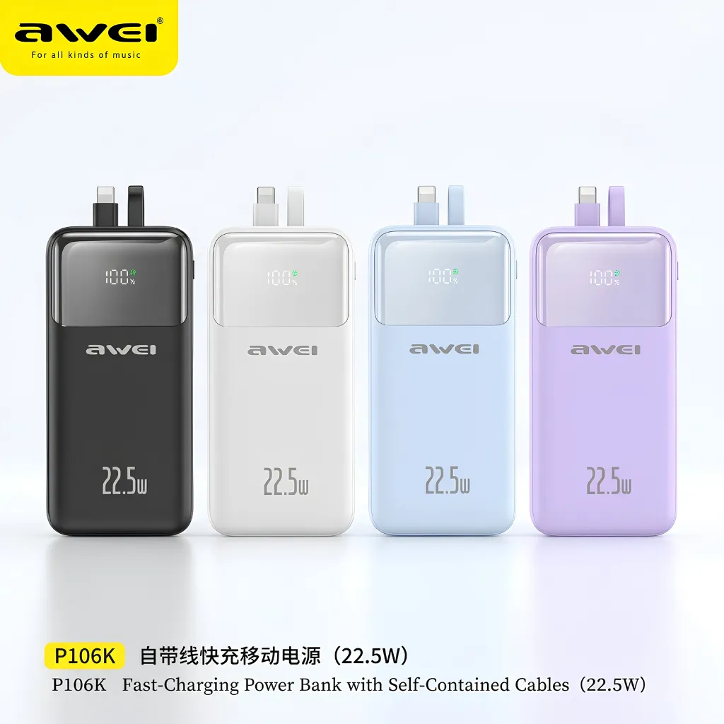 Awei P107K 20000mAh Powerbank 22.5W Fast charger with Built-in Cable Multiple Protection Long Battery Life for iOS&Android Mobile Phone