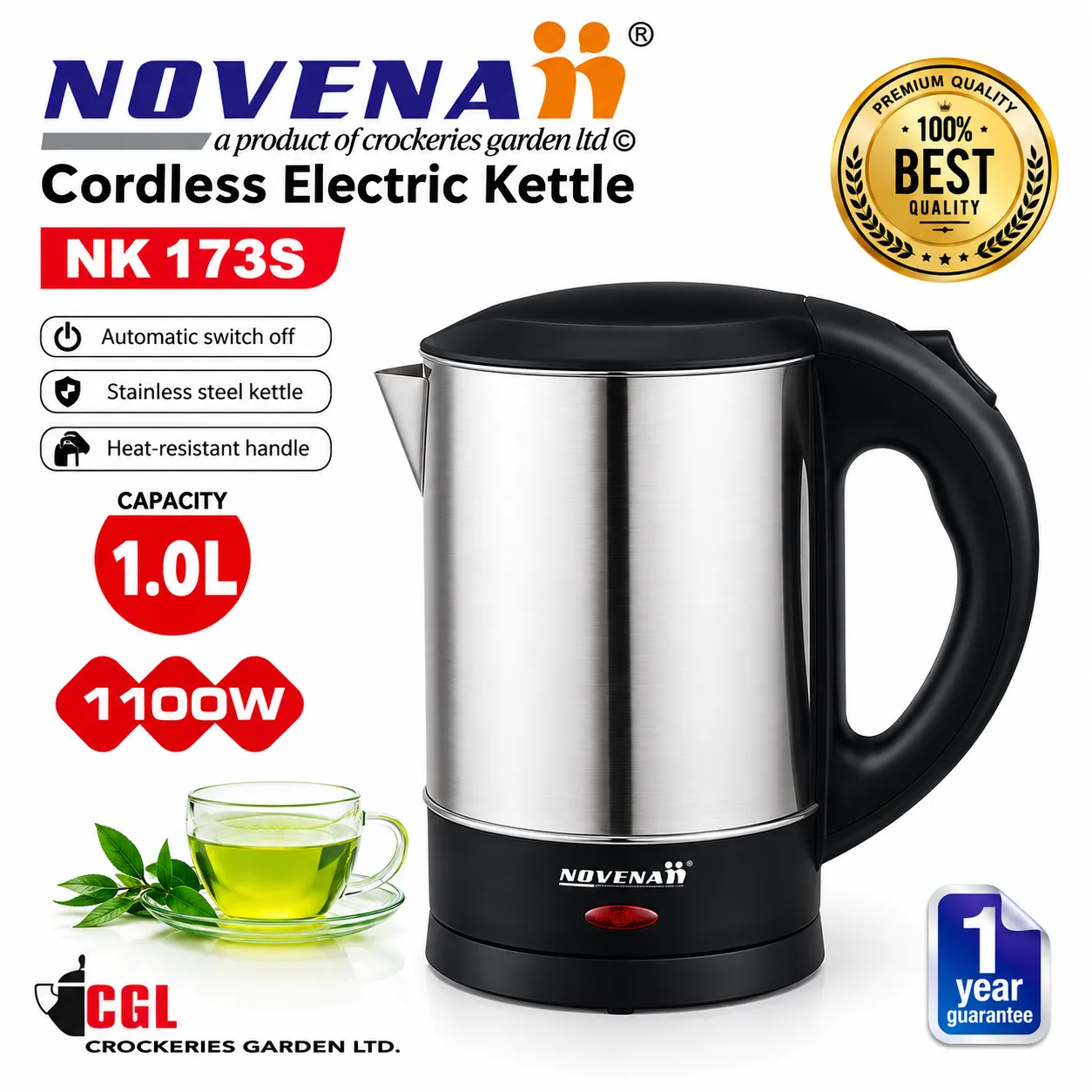 Novena 1 Litre Cordless Electric Kettle Steel body