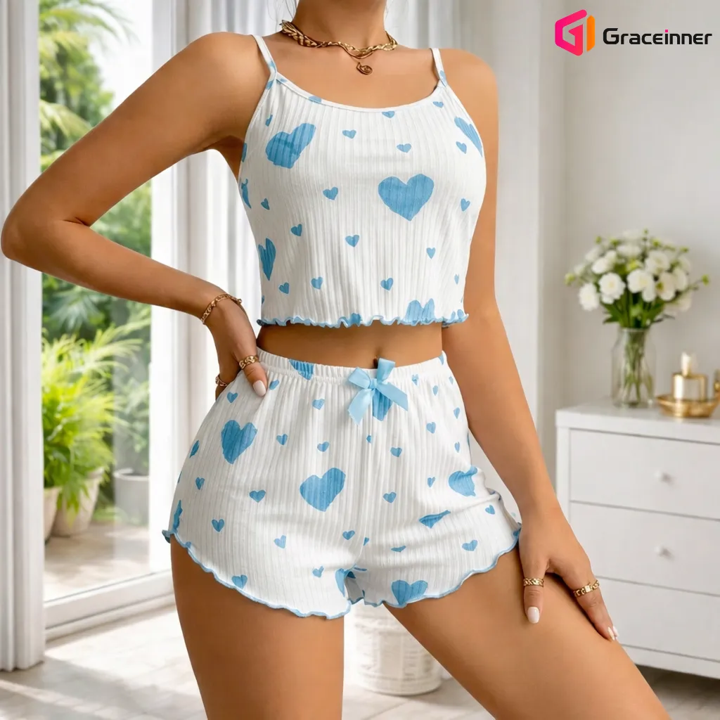 Women's Summer Heart Print 2PCS Pajama Set | Sleeveless Crop Top & High Waisted Shorts
