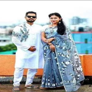 New Exclusive Designer Half Silk Hand Print Saree And Dhupian Panjabi For Combo Couple Men And Women - Panjabi