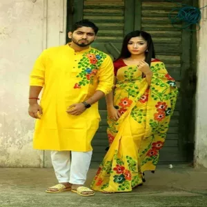 New Design Unique & Gorgeous Hand Printed Saree Panjabi, Couple Set for Women & Men
