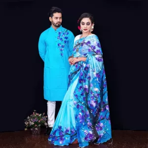 New Design Half Silk Hand Print Saree And Dhupian Panjabi For Combo Couple for man and women
