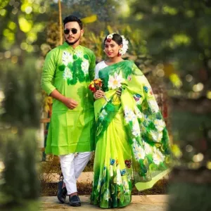 New Exclusive Designer Half Silk Hand Print Saree And Dhupian Panjabi For Combo Couple Men And Women - Panjabi
