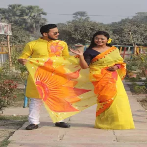 Refined Taste - Ready Made Hand Paint Half Silk Sharee and Half Silk Panjabi For Combo Couple Dress - Durabilty Assured - Iconic Style