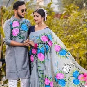 New style Hand Print Couple Matching Saree and Panjabi for Couple 