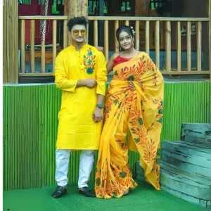 New Collection hand print Saree & Panjabi Combo Dress yellow color for man women
