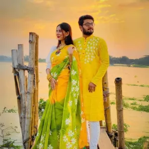 New Collection hand print Saree & Panjabi Combo Dress yellow color for man women
