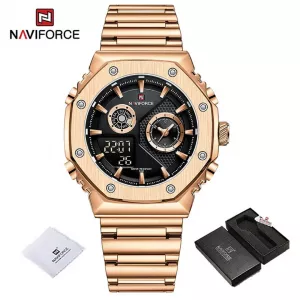NAVIFORCE NF9216 Silver Stainless Steel Dual Time Watch For Men - Black & Gold