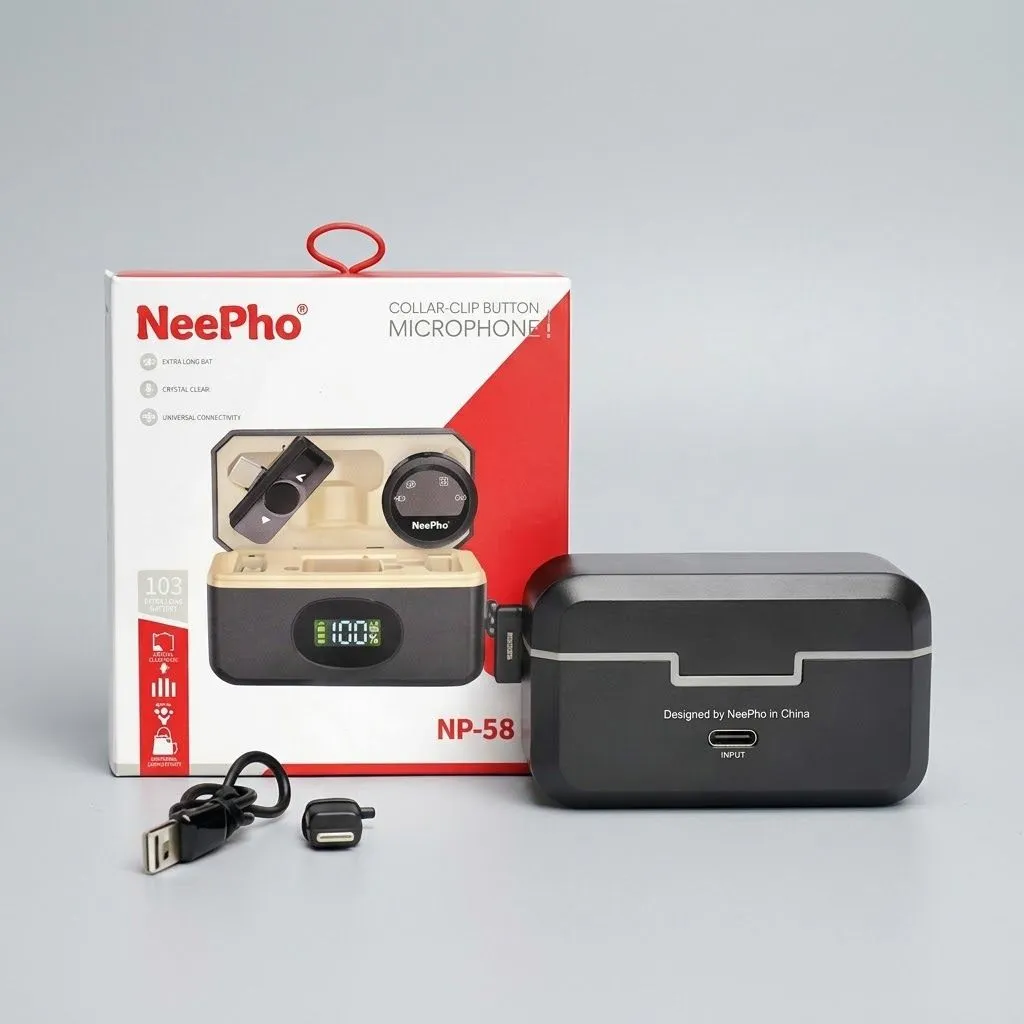 NeePho NP-58 Wireless Clip-On Microphone Lavalier Mic for Smartphone DSLR Camera YouTube Vlogging Facebook Live Interview Noise Reduction Portable Mic
