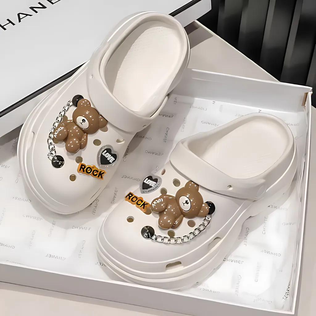 Women Teddy & Chain Bear Clogs - Teddy-White