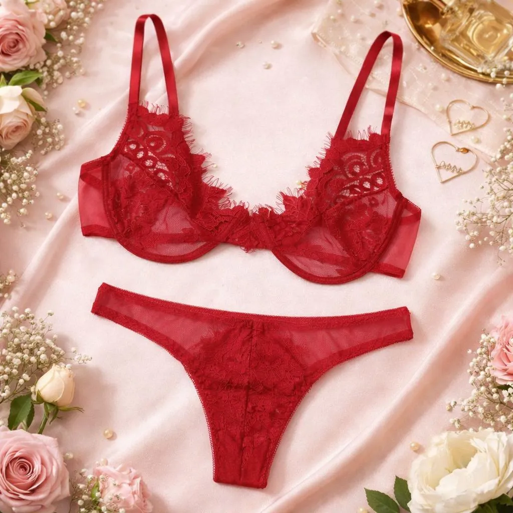 Foreign Trade Unique Red Bra Panty Lace Set (China)