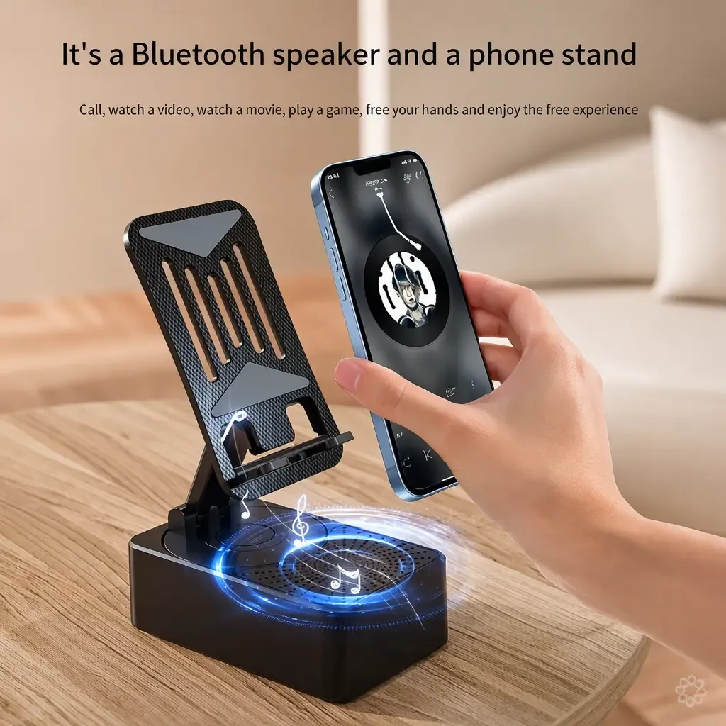 3-in-1 Bluetooth Speaker, Phone Holder & Power Bank – Portable Audio, Hands-Free Viewing and Convenient Charging for Everyday Use
