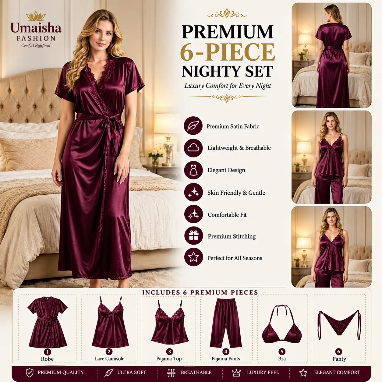Luxurious 6 Piece Nighty Set Deep Jam