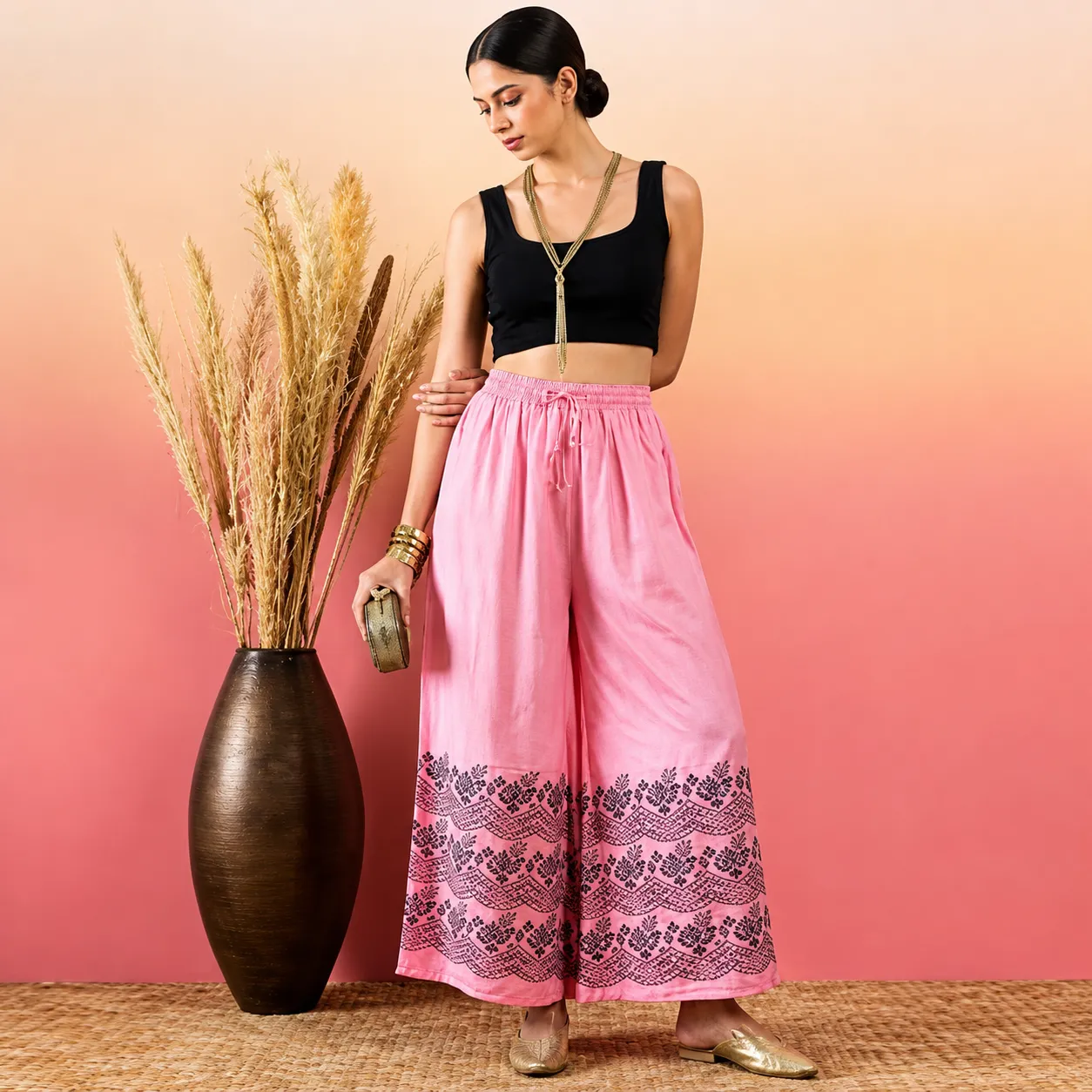 Women’s Baby Pink China Linen Printed Palazzo