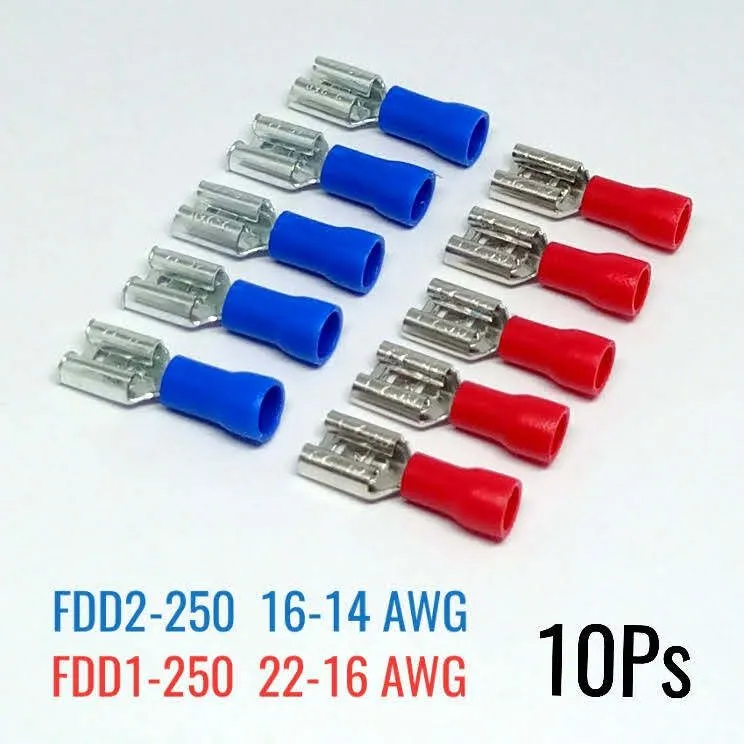 Cable Lugs FDD1-250 & FDD2-250 Female Type Red 22-16AWG and Blue 16-14AWG Colour-10pcs of 1Lot