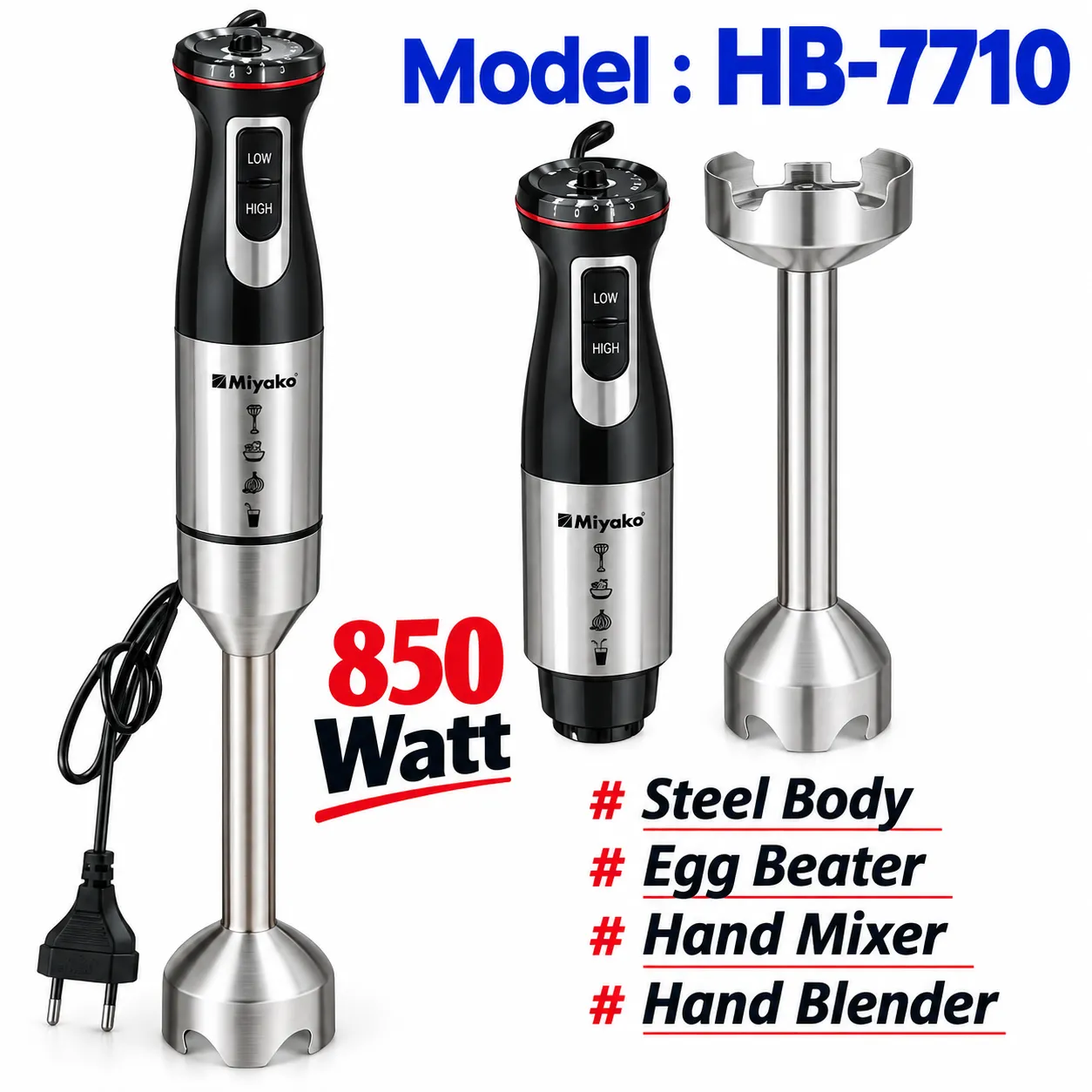 Miyako Hand Mixer/ Blender High & Low Function ( HB-7710) -850watt