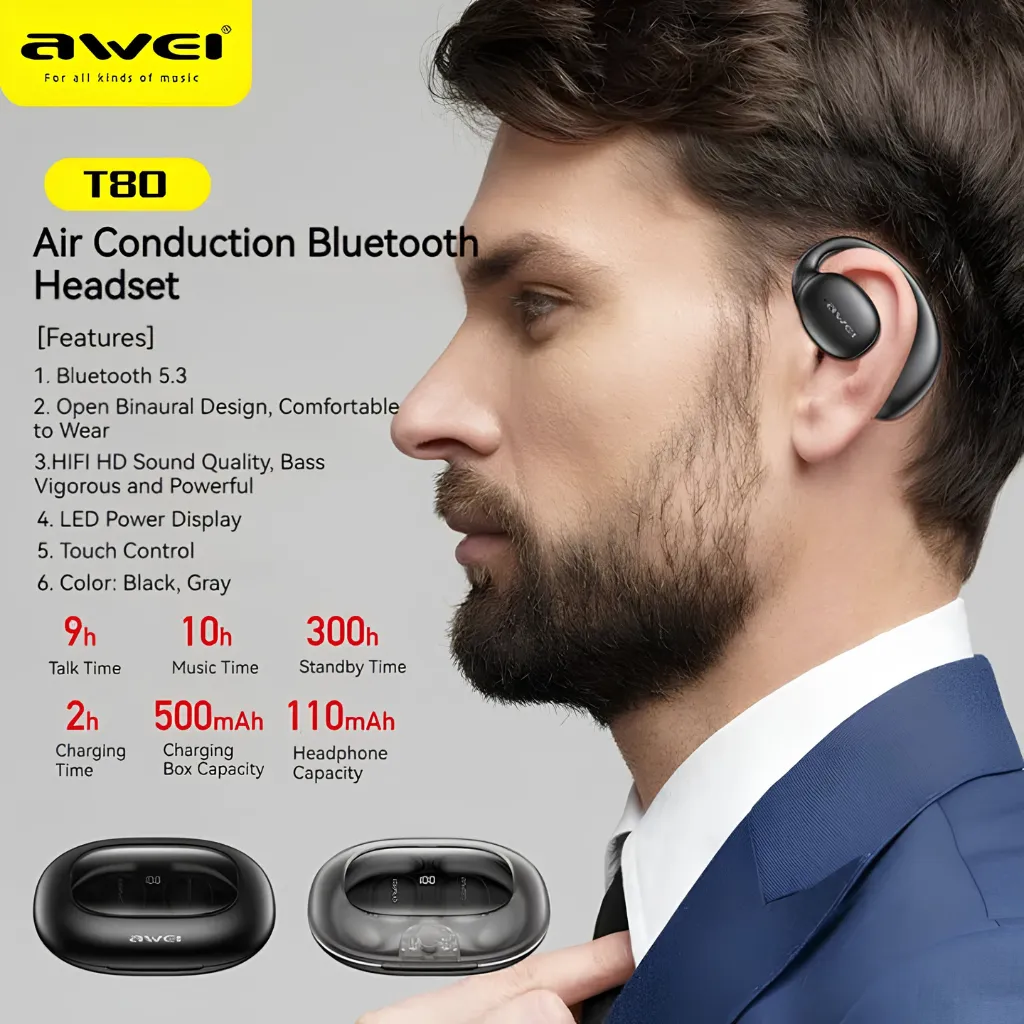 Awei T80 OWS Bluetooth Air Conduction Earbuds Headset With Mic Earphone For Mobile Phone