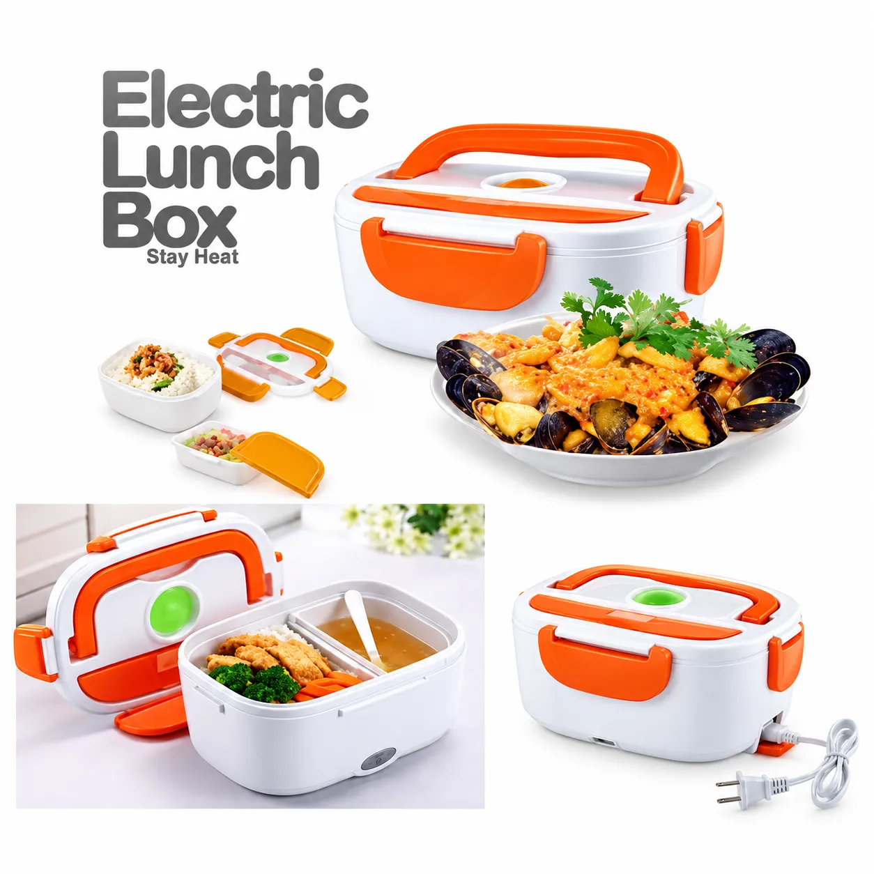 Plastic White And Orange Electric Lunch Box