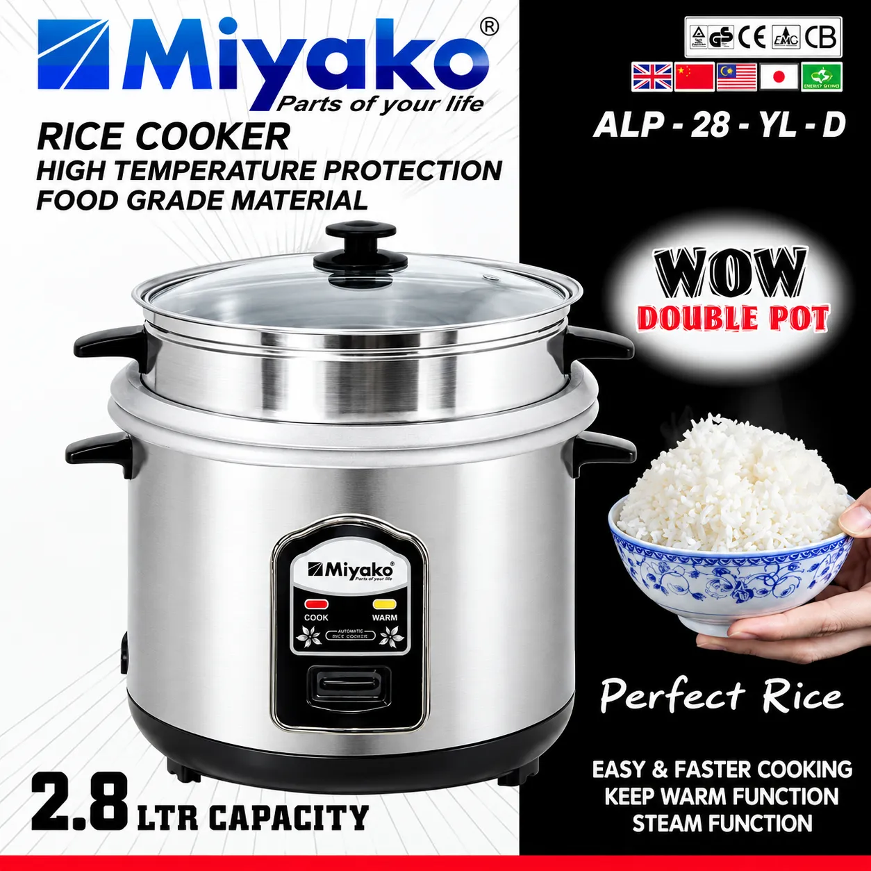 Miyako 2.8 Litter Automatic Rice Cooker - Double Pot with Glass Lid - ASL-28-YLD