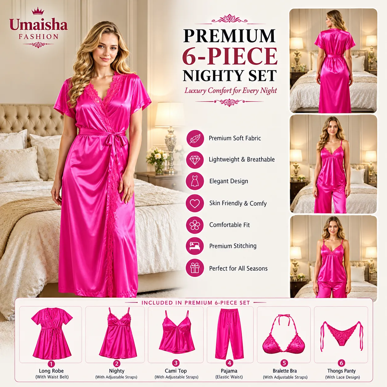 Luxurious 6-Piece Nighty Set Magenta