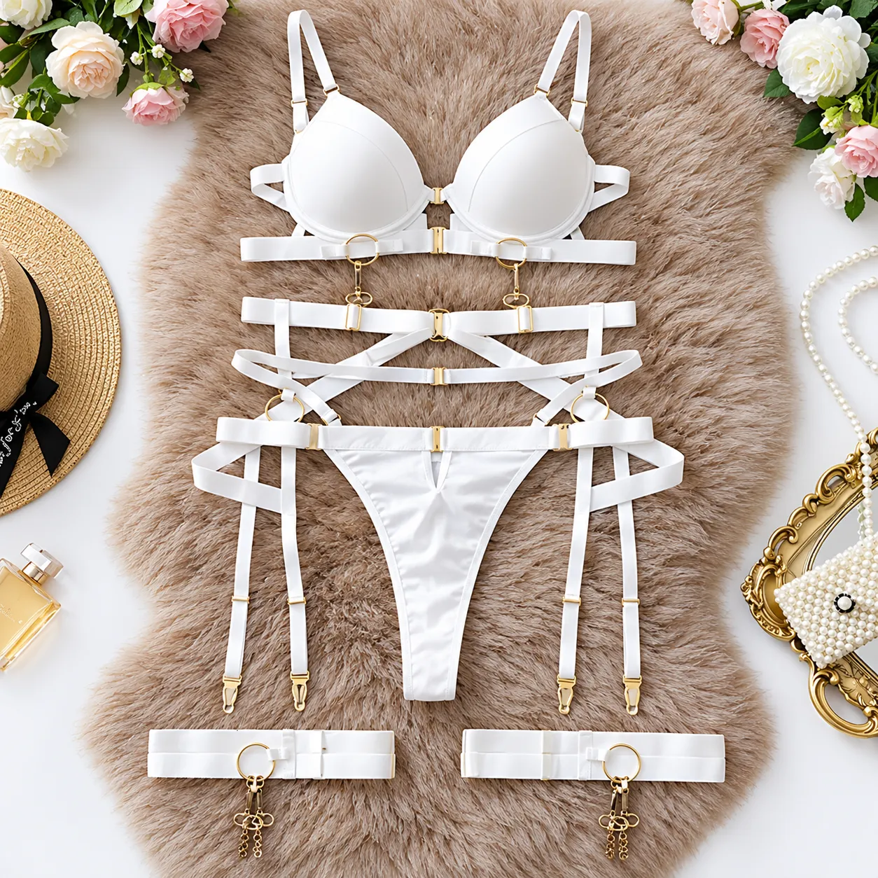 Lingerie Punk Wind Solid Color Four Piece Set - White