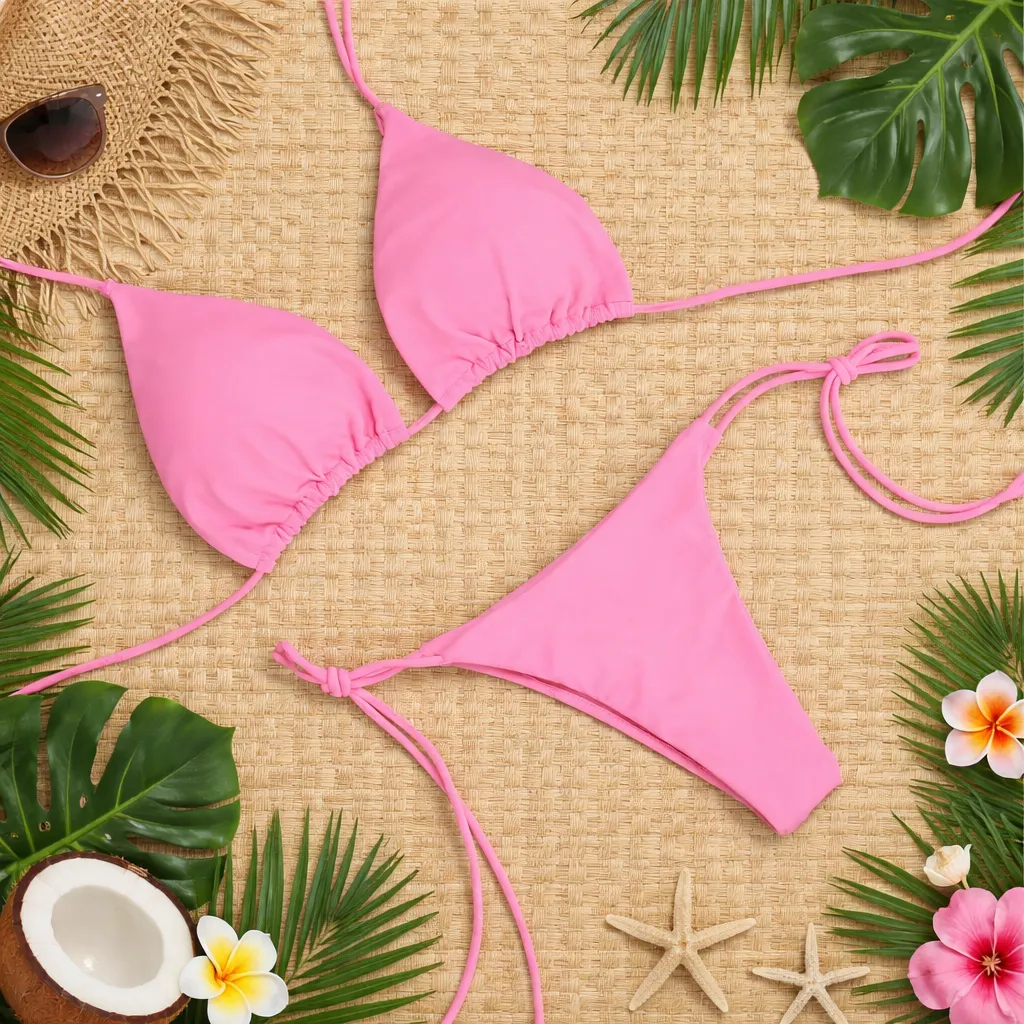 Premium Swimsuit Bikini Pink Bra Panty Set lightweight slim Pad (China)