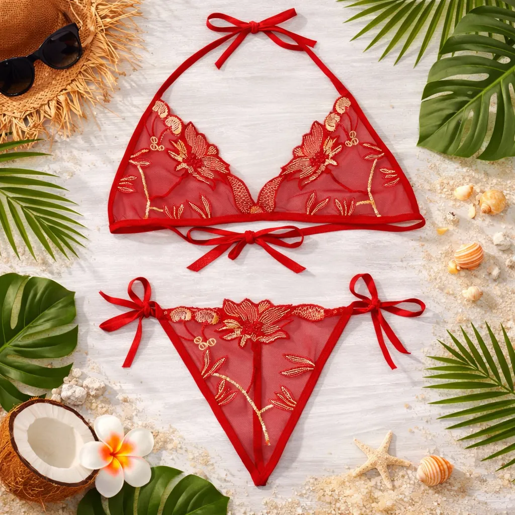 Rose Design C02 Red Transparent Bra Panty Set for Women & Girls'